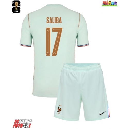 Francia William Saliba #17 Segunda Equipación Niños Mundial 2026 Manga Corta (+ Pantalones cortos)